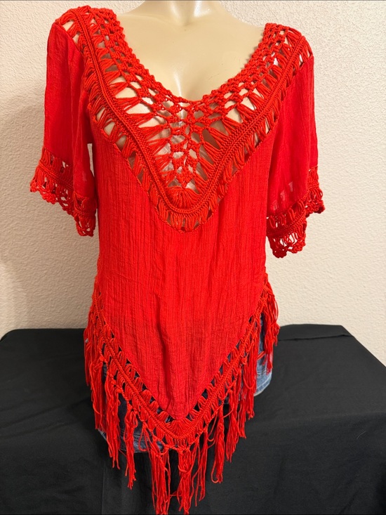 Vivid Tops - Bright Red Crochet Fringe Boho Tunic